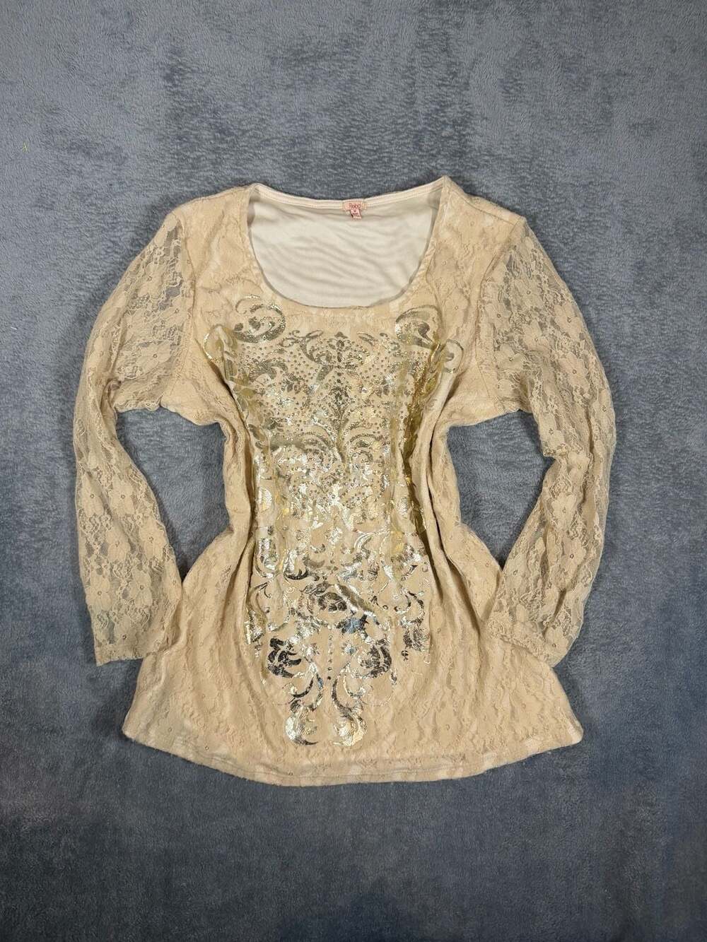 Reba Metallic Paisley Knit Top Size M Beige Lace Sleeve